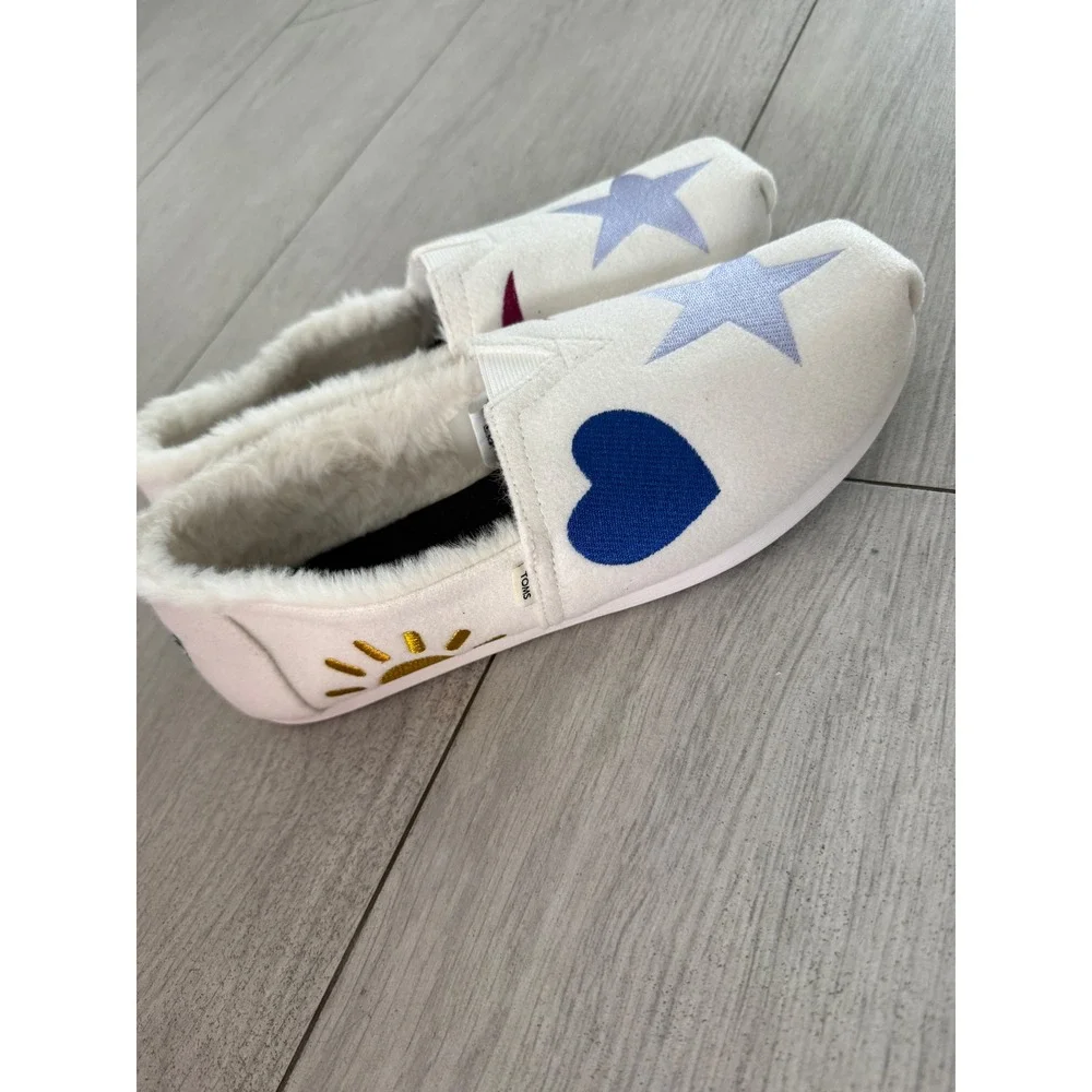 TOMS Alpargata Embroidered Celestial Faux Fur Shoes/Slippers  Womens 10 NWT - Picture 3 of 7